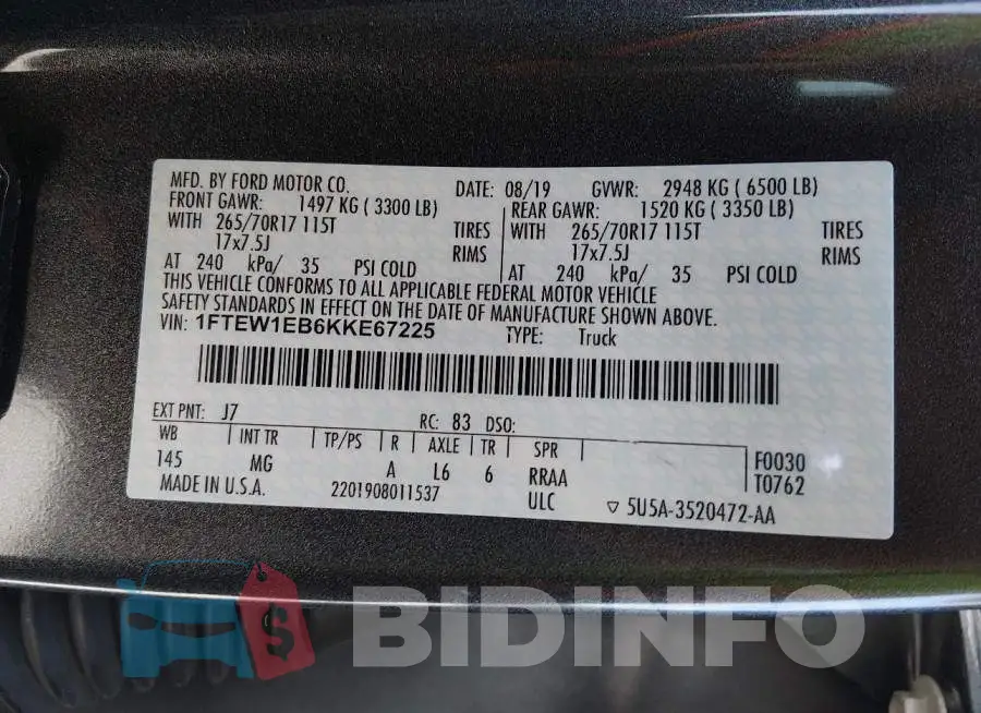 1FTEW1EB6KKE67225 Photo# 9