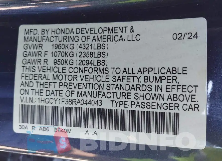 1HGCY1F38RA044043 Photo# 9