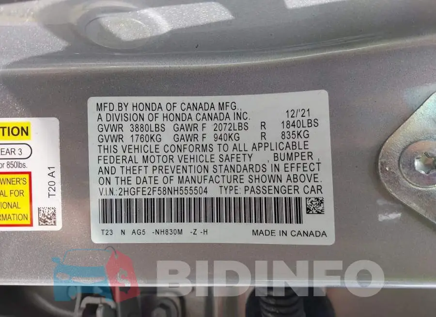 2HGFE2F58NH555504 Photo# 9