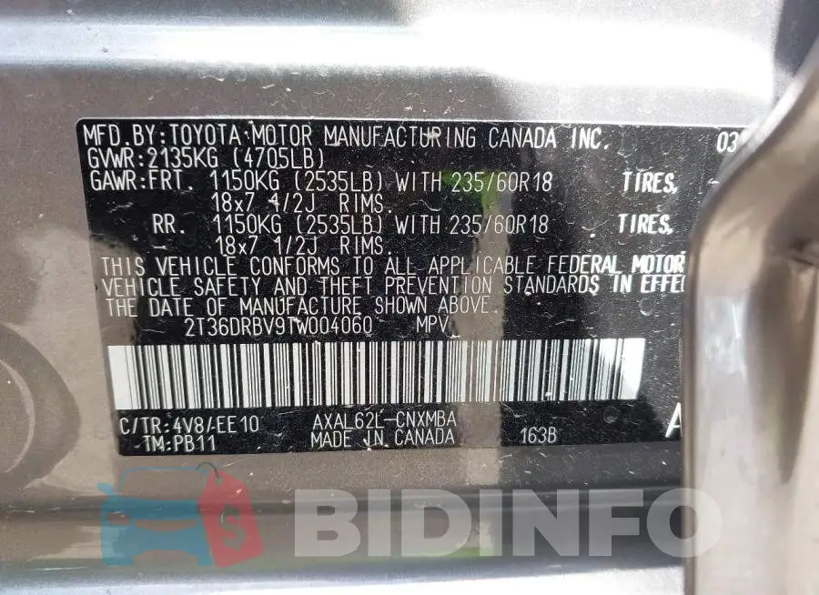 2T36DRBV9TW004060 Photo# 9