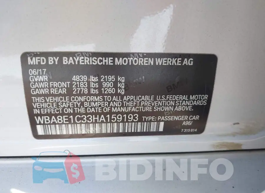 WBA8E1C33HA159193 Photo# 9
