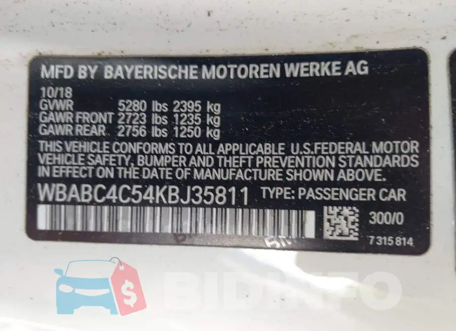 WBABC4C54KBJ35811 Photo# 9
