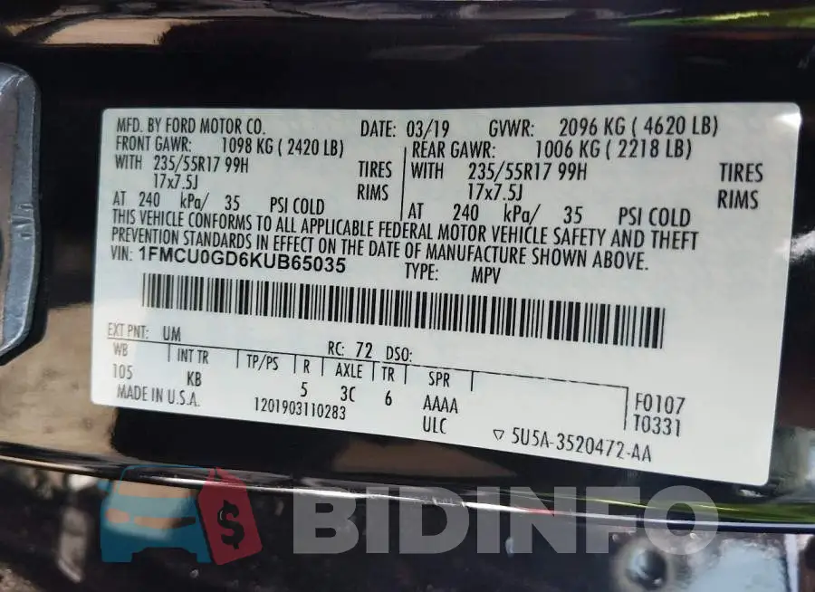 1FMCU0GD6KUB65035 Photo# 9