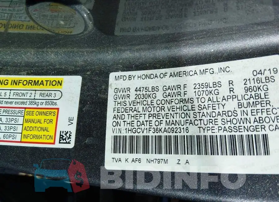 1HGCV1F36KA092316 Photo# 9