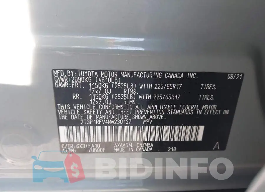 2T3P1RFV4MW230127 Photo# 9