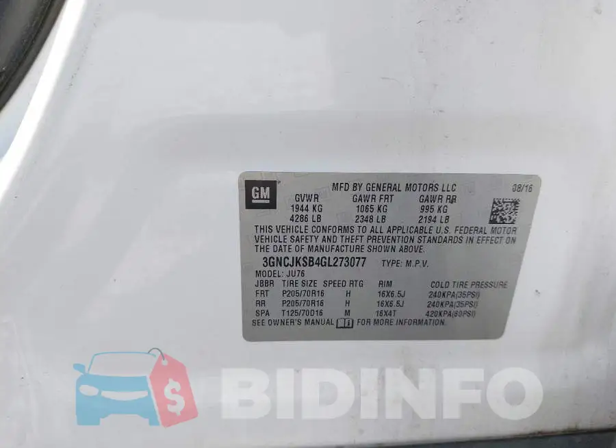 3GNCJKSB4GL273077 Photo# 9