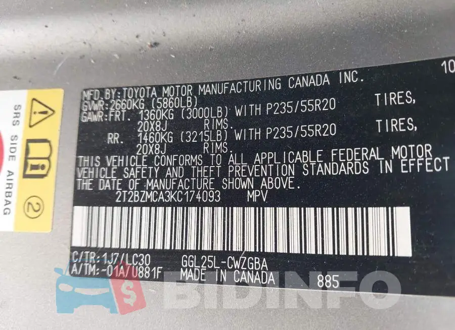 2T2BZMCA3KC174093 Photo# 9