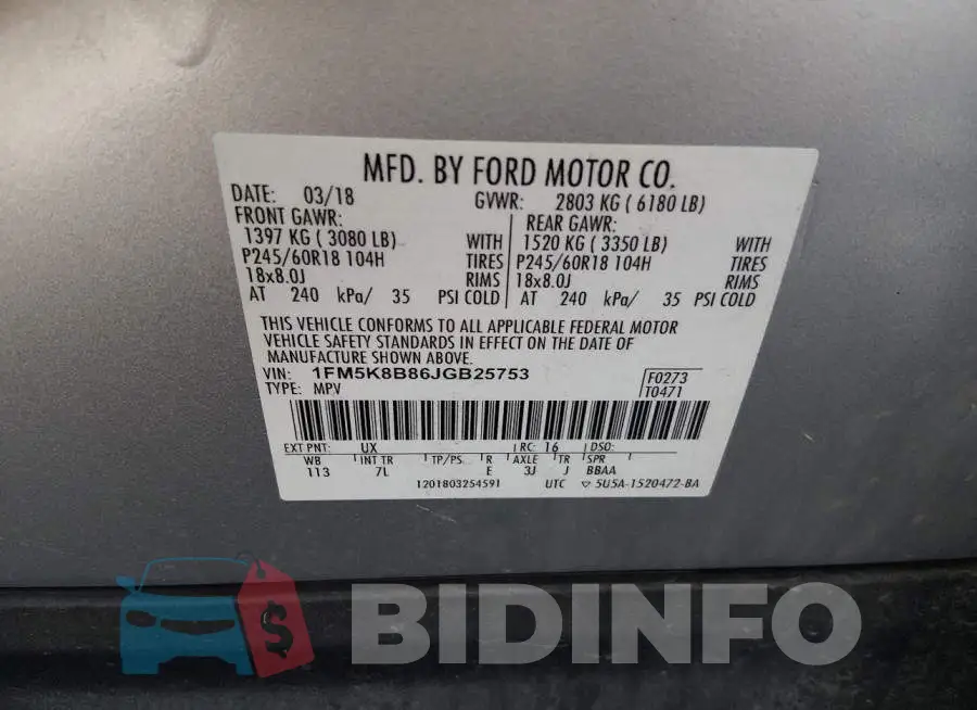 1FM5K8B86JGB25753 Photo# 9
