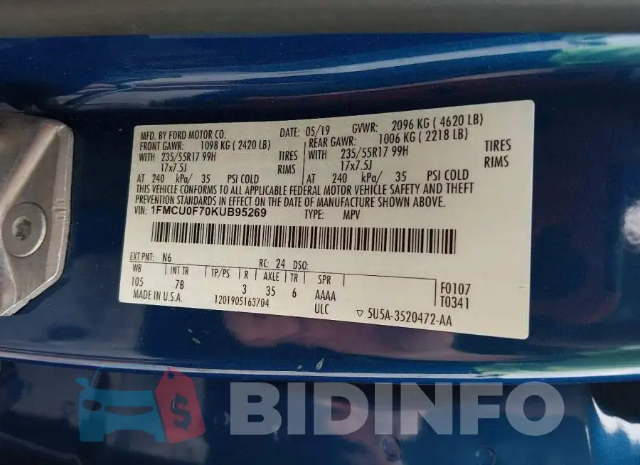 1FMCU0F70KUB95269 Photo# 9