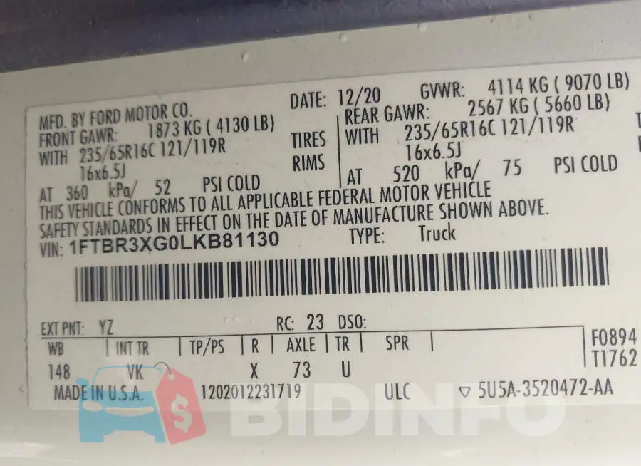 1FTBR3XG0LKB81130 Photo# 9