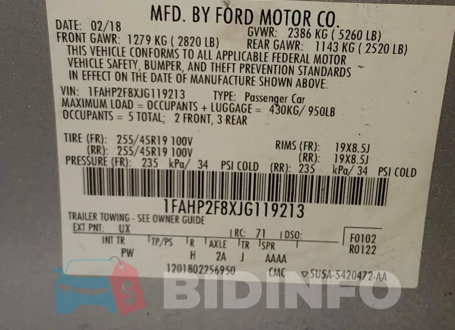 1FAHP2F8XJG119213 Photo# 9