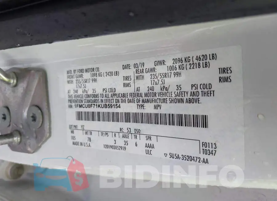 1FMCU0F71KUB59154 Photo# 9