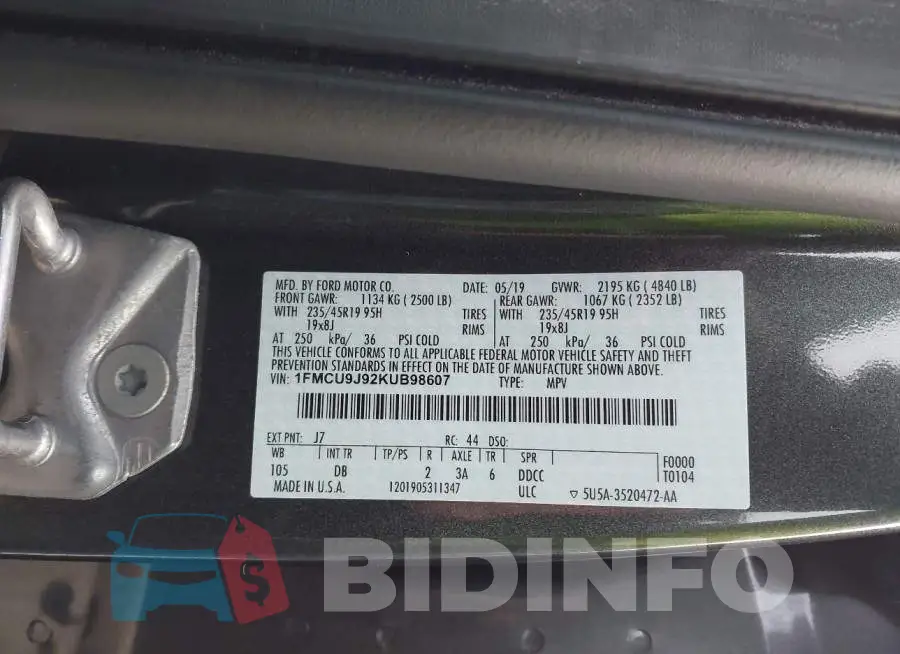1FMCU9J92KUB98607 Photo# 9