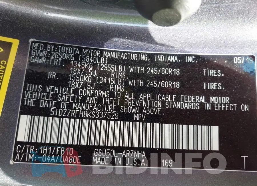 5TDZZRFH8KS337529 Photo# 9