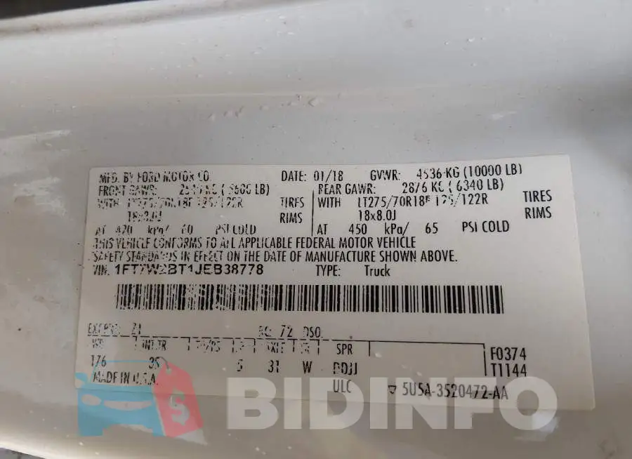 1FT7W2BT1JEB38778 Photo# 9