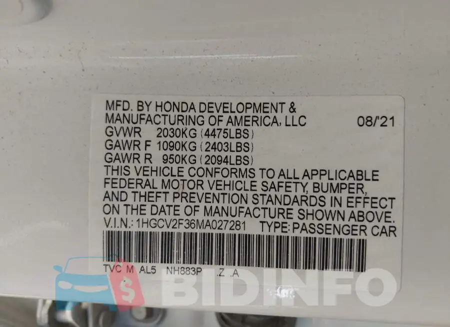 1HGCV2F36MA027281 Photo# 9