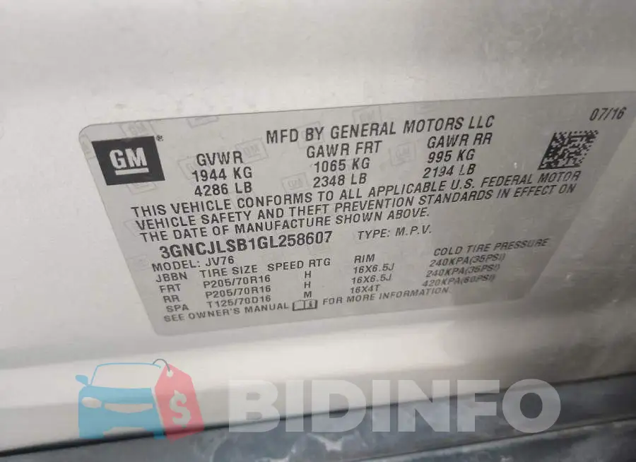 3GNCJLSB1GL258607 Photo# 9