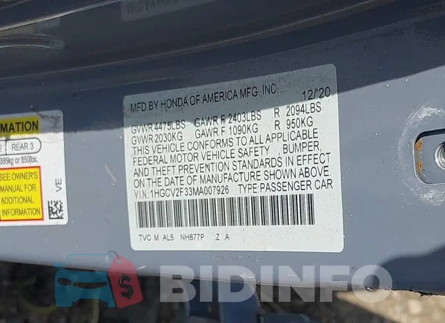 1HGCV2F33MA007926 Photo# 9
