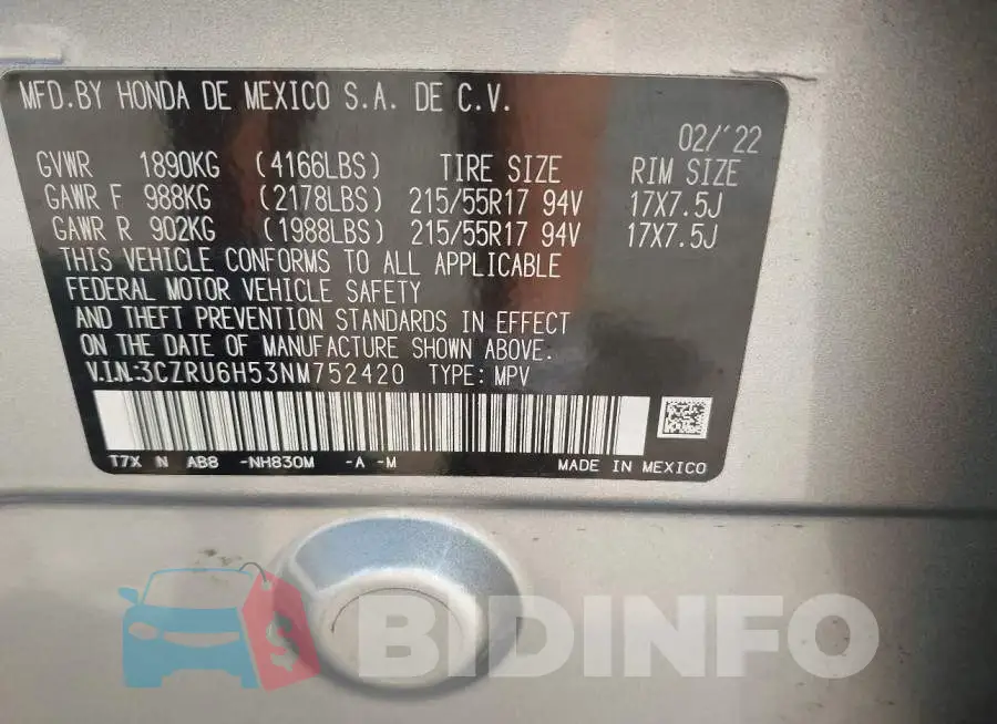 3CZRU6H53NM752420 Photo# 9