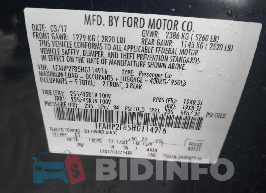 1FAHP2F85HG114916 Photo# 9