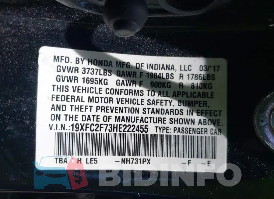19XFC2F73HE222455 Photo# 9