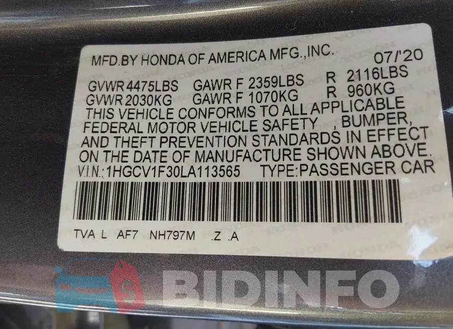 1HGCV1F30LA113565 Photo# 9