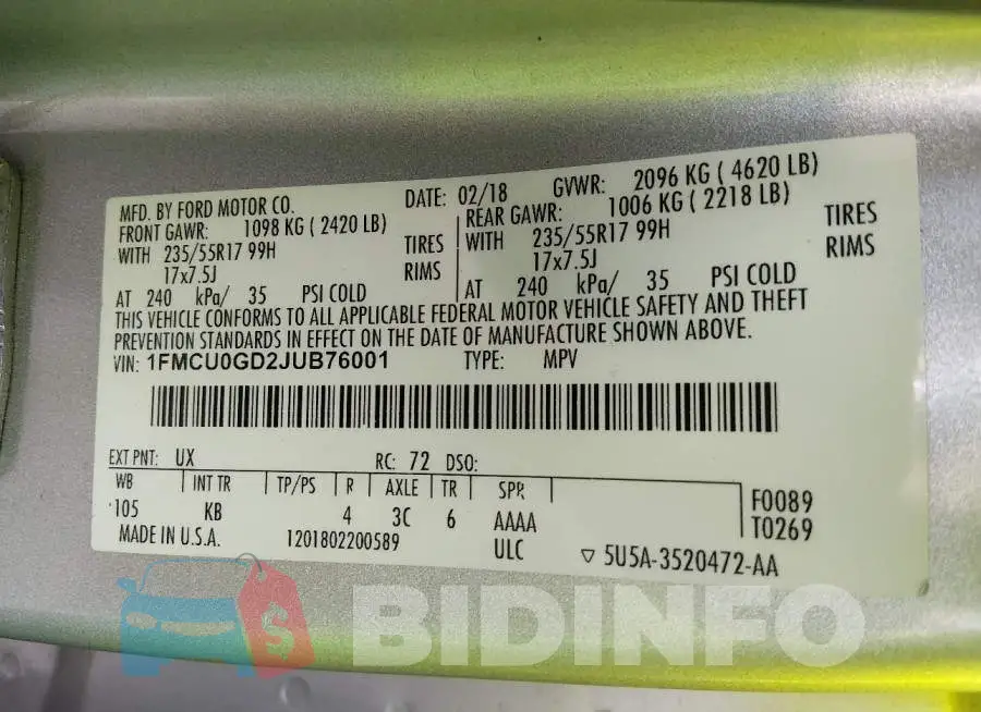 1FMCU0GD2JUB76001 Photo# 9