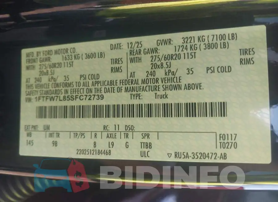 1FTFW7L85SFC72739 Photo# 9