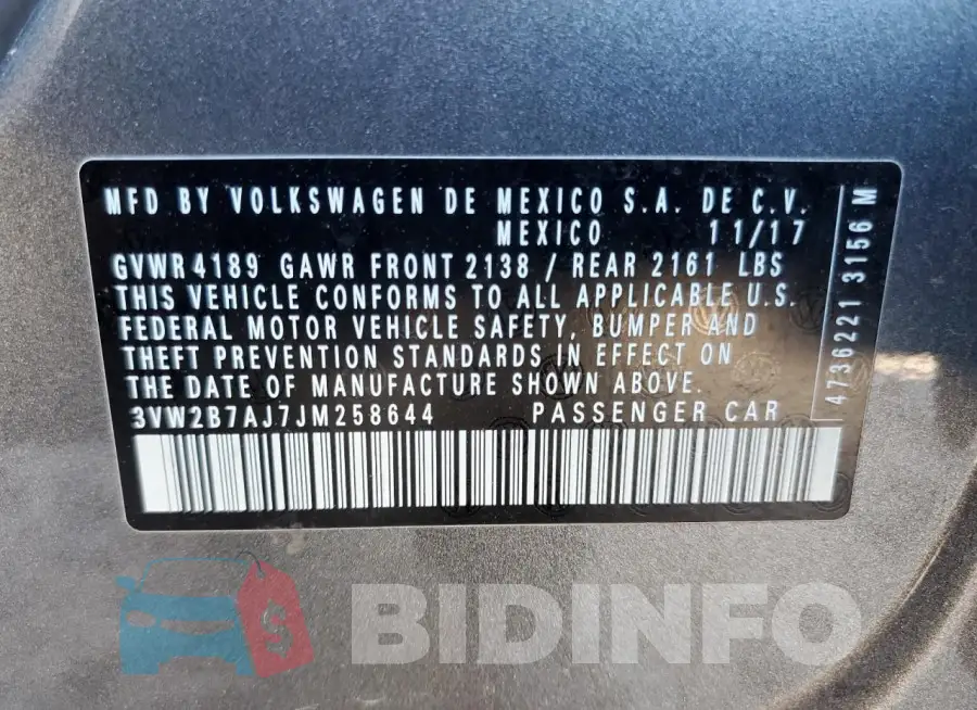 3VW2B7AJ7JM258644 Photo# 12