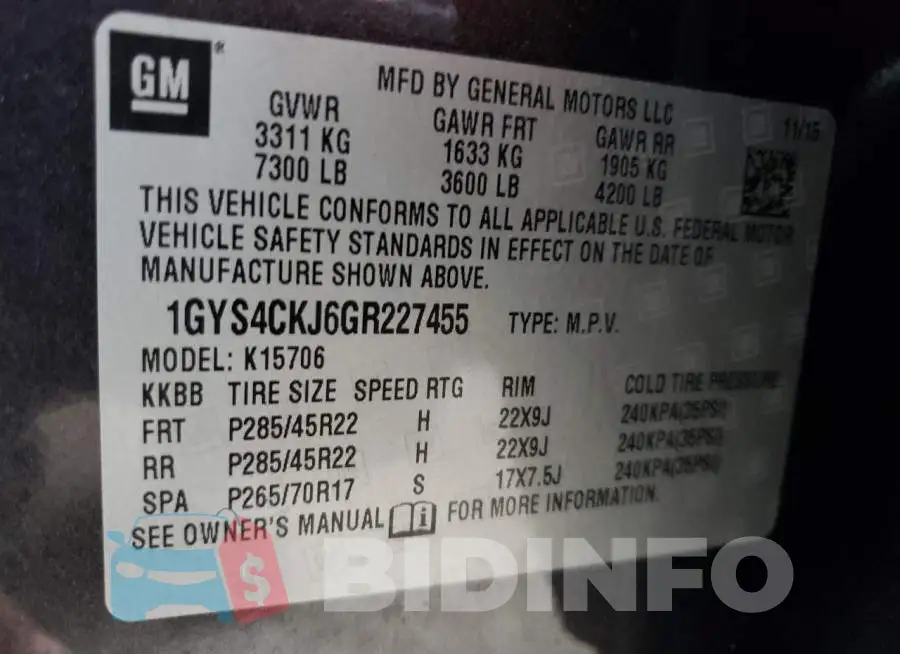 1GYS4CKJ6GR227455 Photo# 14