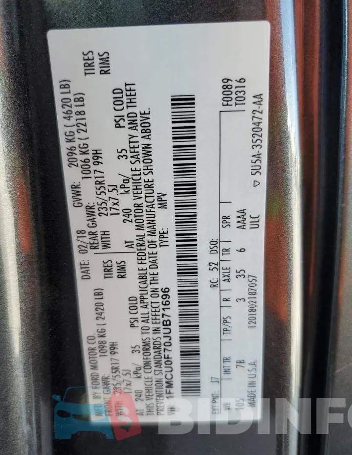 1FMCU0F70JUB71696 Photo# 13