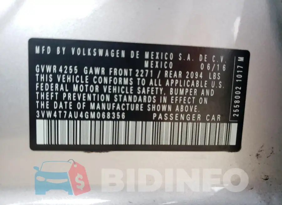 3VW4T7AU4GM068356 Photo# 12