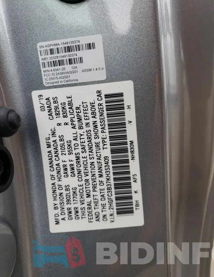 2HGFC3B37KH353409 Photo# 12