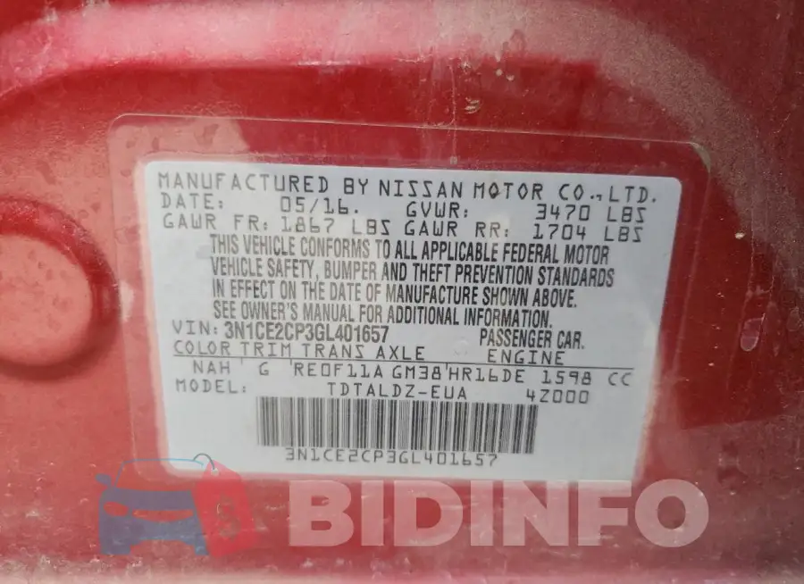 3N1CE2CP3GL401657 Photo# 12