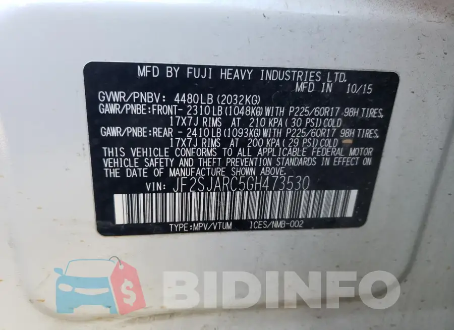 JF2SJARC5GH473530 Photo# 12