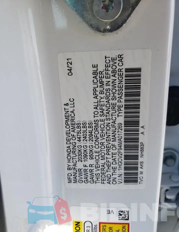 1HGCV2F94MA017269 Photo# 12