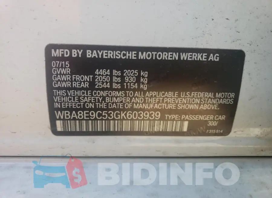 WBA8E9C53GK603939 Photo# 12