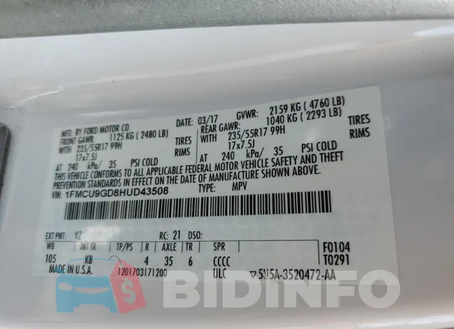 1FMCU9GD8HUD43508 Photo# 14