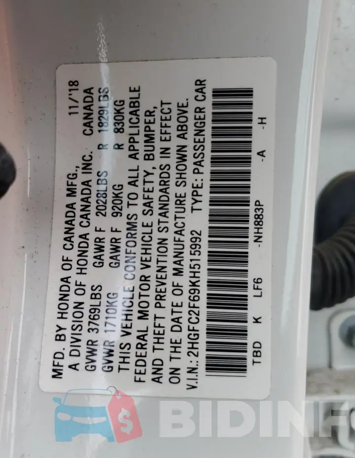 2HGFC2F69KH515992 Photo# 12