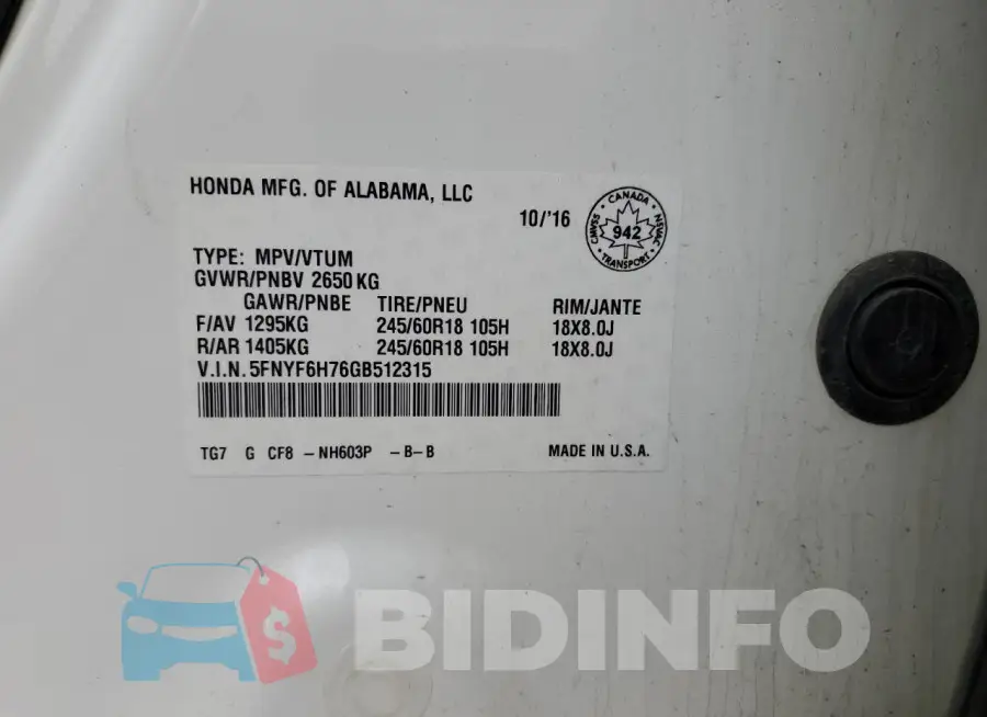 5FNYF6H76GB512315 Photo# 13