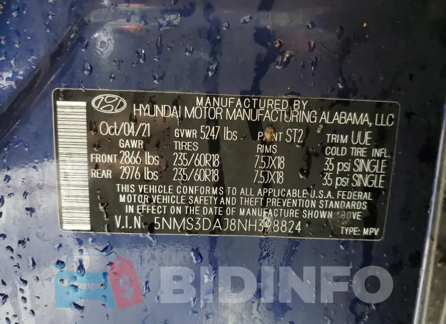 5NMS3DAJ8NH398824 Photo# 13