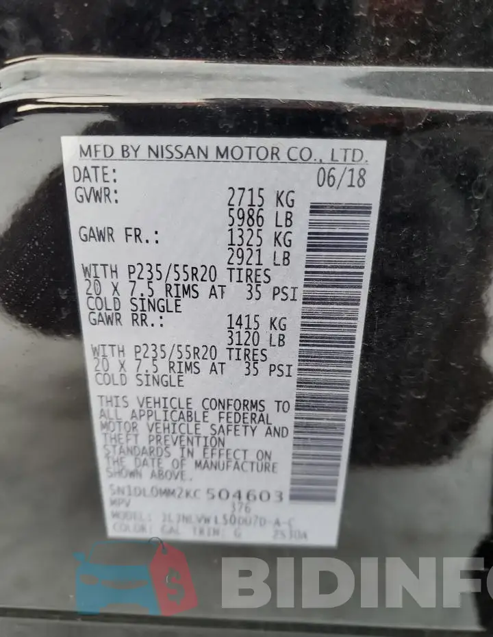 5N1DL0MM2KC504603 Photo# 13
