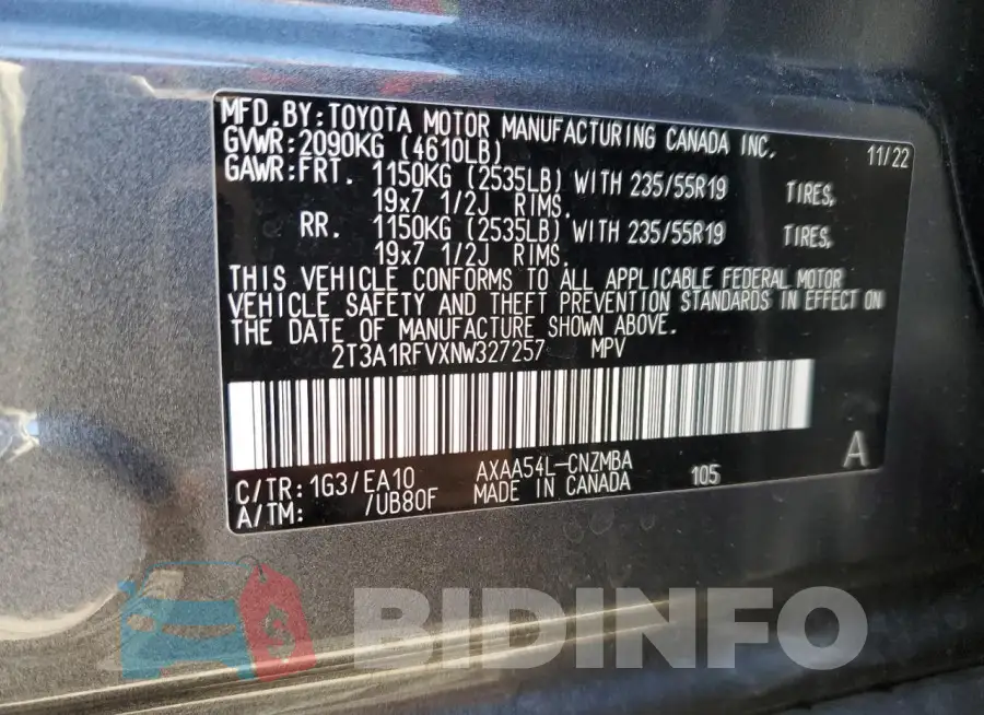 2T3A1RFVXNW327257 Photo# 14