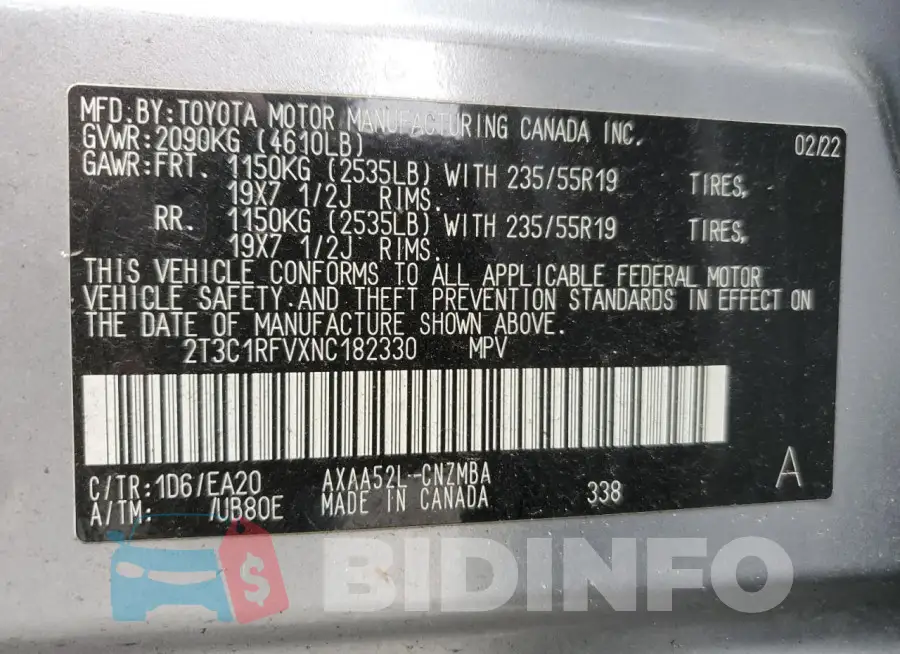 2T3C1RFVXNC182330 Photo# 14