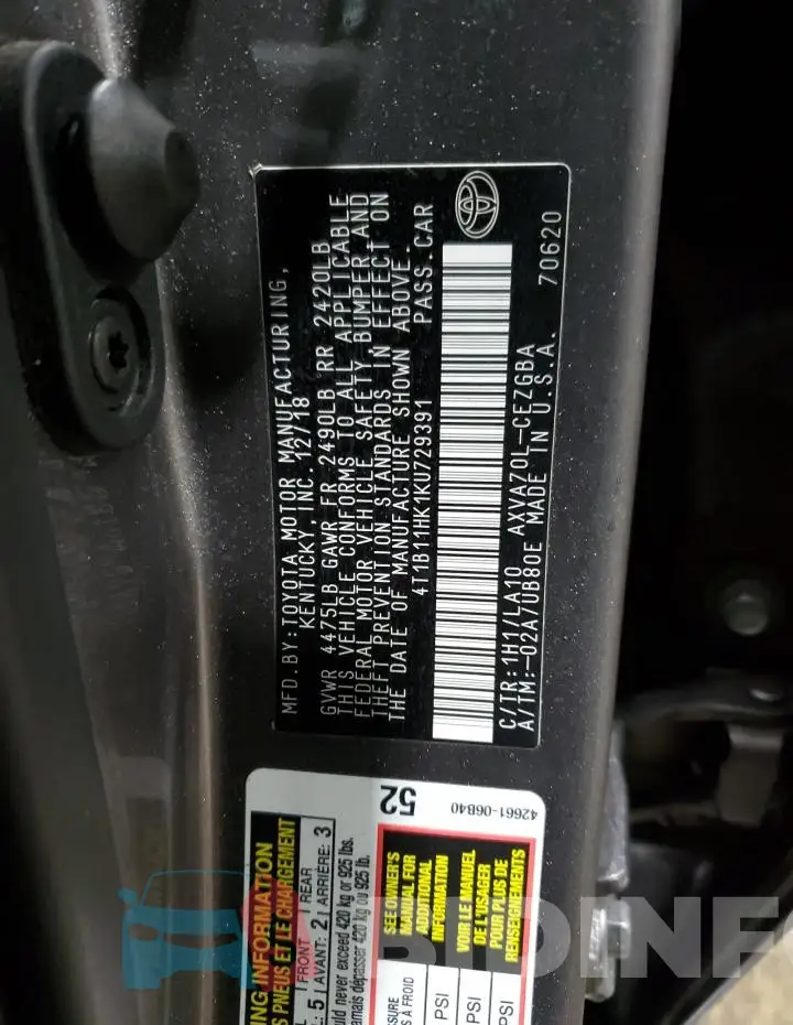 4T1B11HK1KU729391 Photo# 13