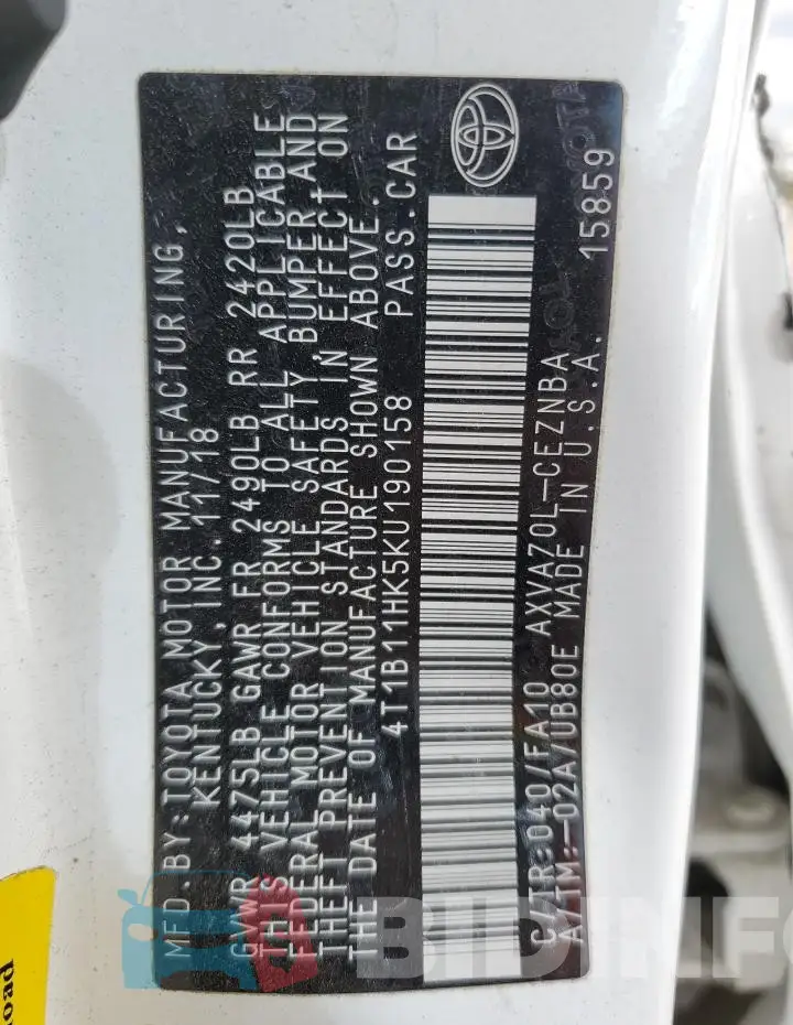 4T1B11HK5KU190158 Photo# 13