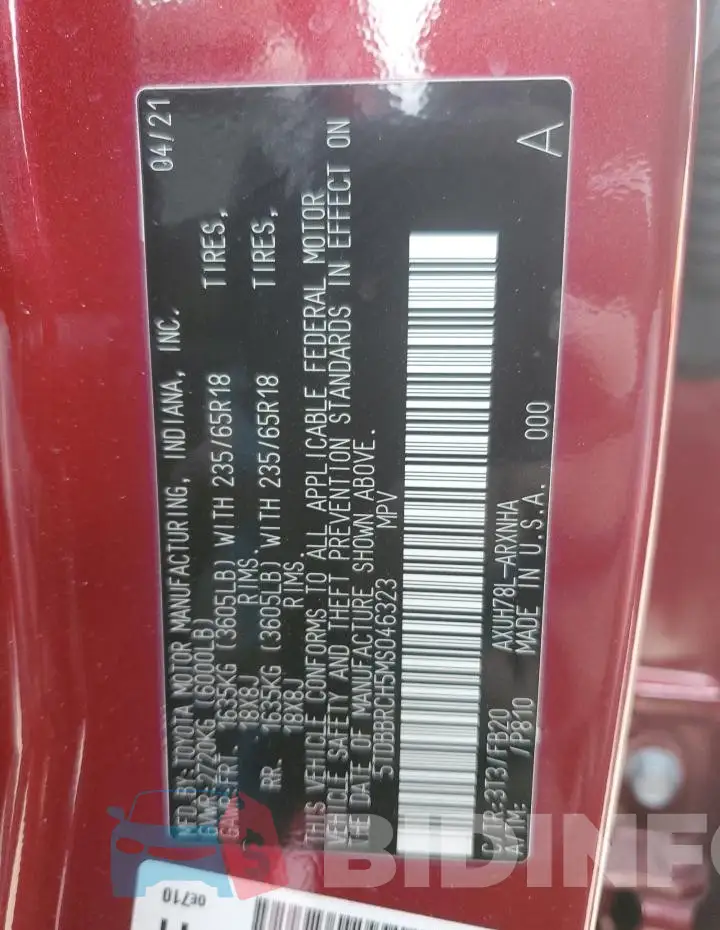 5TDBBRCH5MS046323 Photo# 13