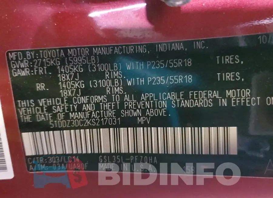 5TDDZ3DC2KS217031 Photo# 13