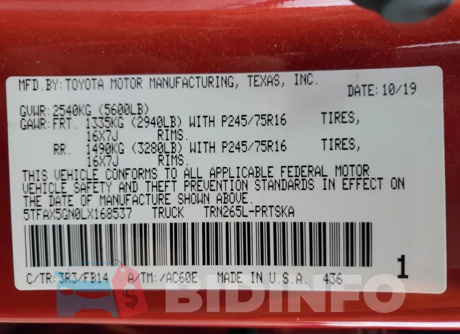 5TFAX5GN0LX168537 Photo# 13