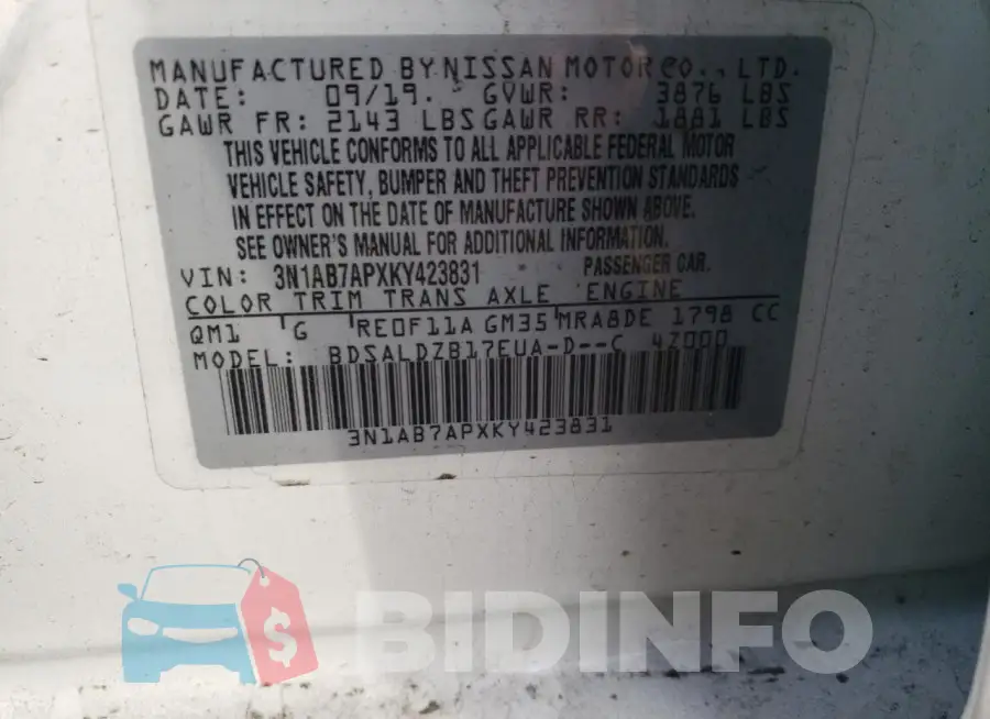 3N1AB7APXKY423831 Photo# 13